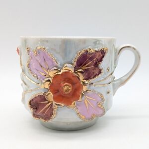Vintage German White Gold Iridescent Luster Floral Ceramic Tea Cup